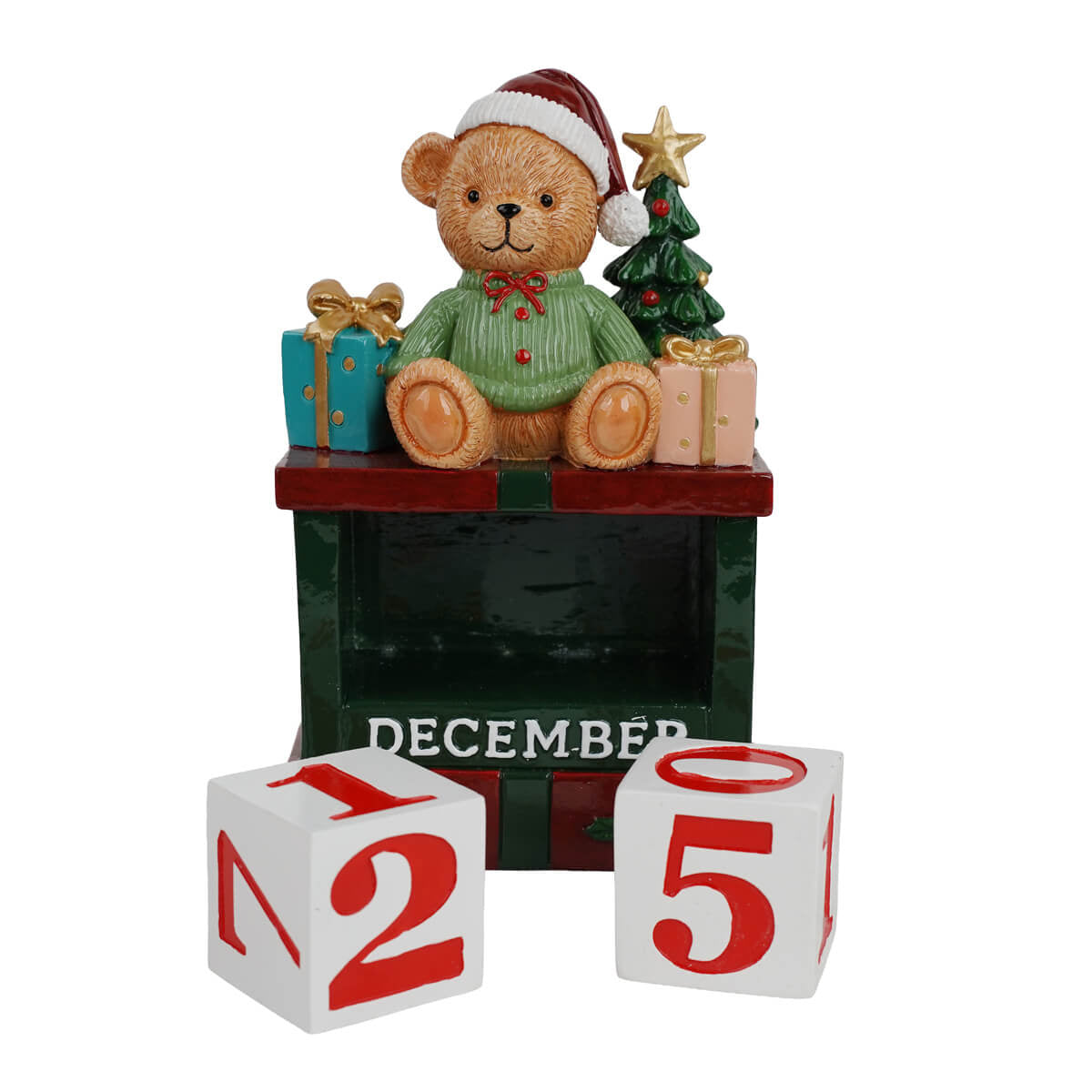 Calendario natalizio in resina con orsacchiotto e blocchi numerici mobili