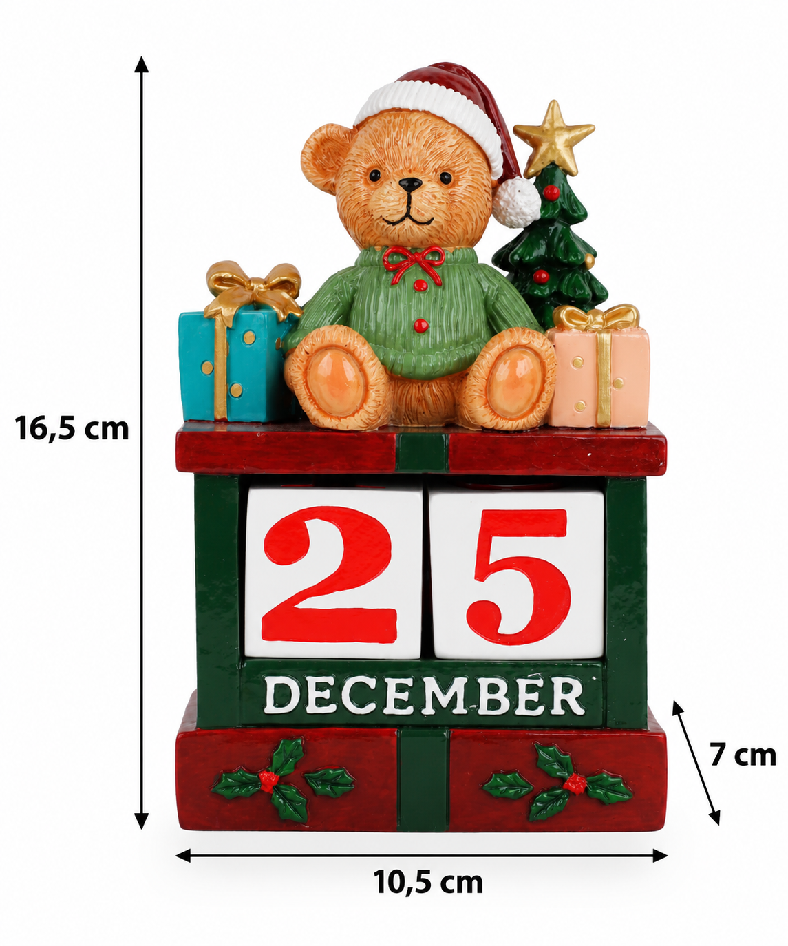 Dimensioni calendario natalizio con orsacchiotto in resina 10,5 × 7 × H 16,5 cm