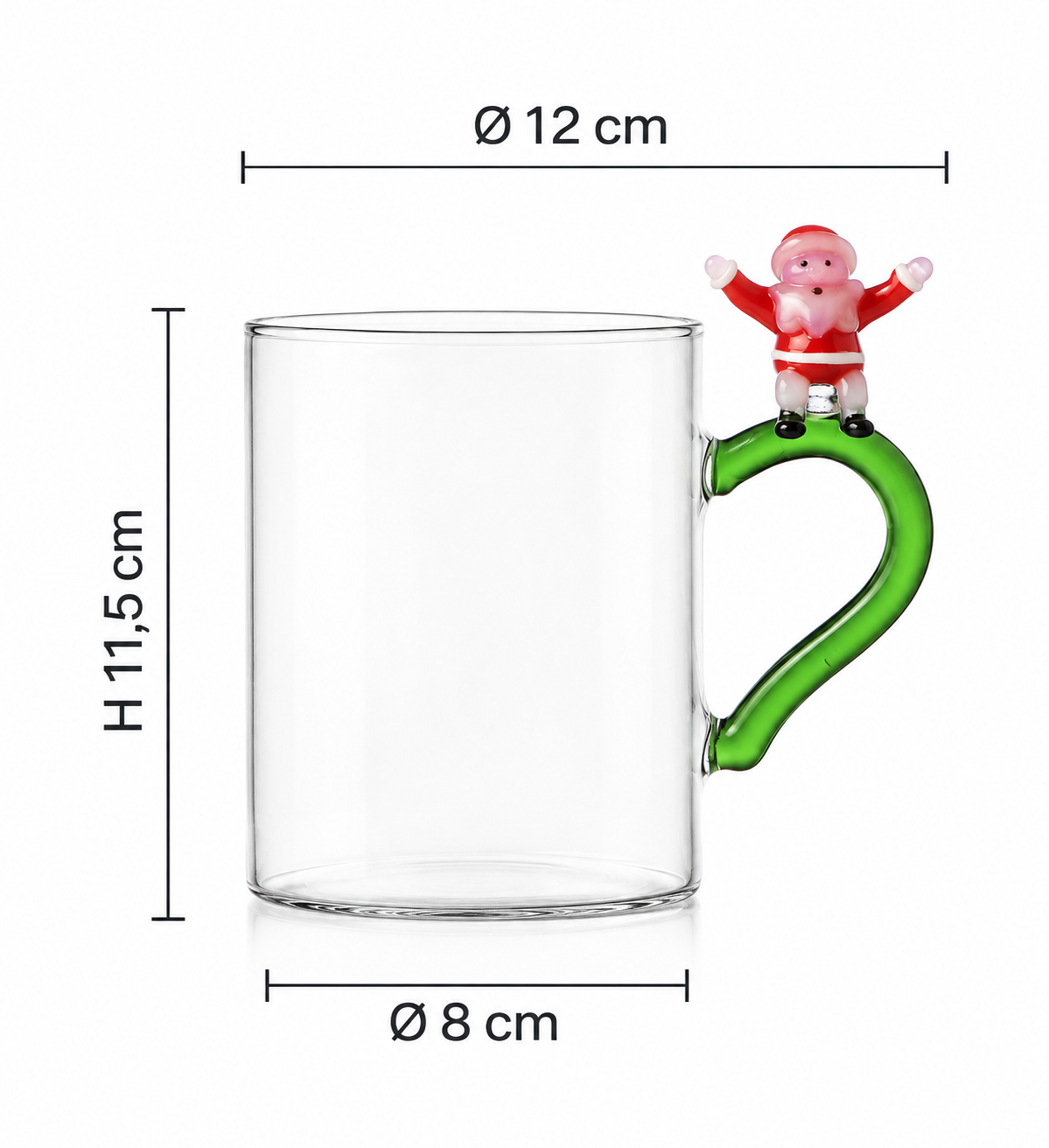 Christmas Tales Mug Babbo Natale Felice Ichendorf Milano in vetro trasparente con manico verde, dimensioni H 11,5 × Ø 12 cm, diametro base 8 cm