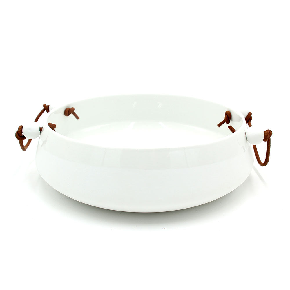 Ciotola in Ceramica Bianca con Manici in Cuoio - 4912977