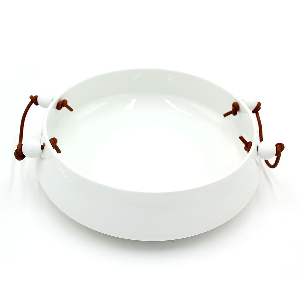 Ciotola in Ceramica Bianca con Manici in Cuoio - 4912977