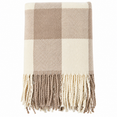 Coperta plaid Wool EDG Enzo De Gasperi 120x170 cm beige, tortora e avorio, con motivo a quadri, lavorazione a spina di pesce e frange decorative.