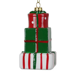 Vista posteriore decorazione natalizia pacchi regalo rosso verde e bianco
