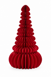 Decoro Pino Origami New Rosso EDG Enzo De Gasperi H 50 cm in carta rossa pieghettata tridimensionale, albero di Natale decorativo dal design moderno su sfondo bianco.