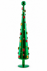 Decoro Super Gemme Cono Verde H 61 cm EDG Enzo De Gasperi, albero di Natale stilizzato in vetro verde lucido con gemme sfaccettate rosse e ambra/oro, puntale a sfera verde e base rialzata.