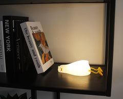 Lampada da notte Winkee Duck accesa su una mensola