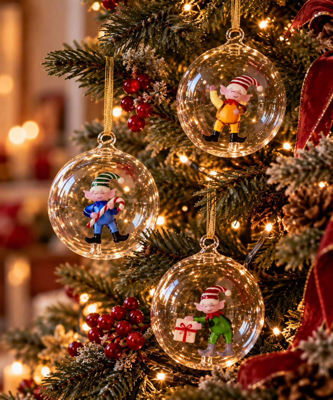 Palle di Natale in vetro con elfi Christmas Tales di Ichendorf Milano sull’albero di Natale