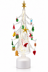 Pino Twist natalizio EDG Enzo De Gasperi H45 cm in vetro trasparente con decori multicolor, stella dorata, illuminazione LED e movimento.