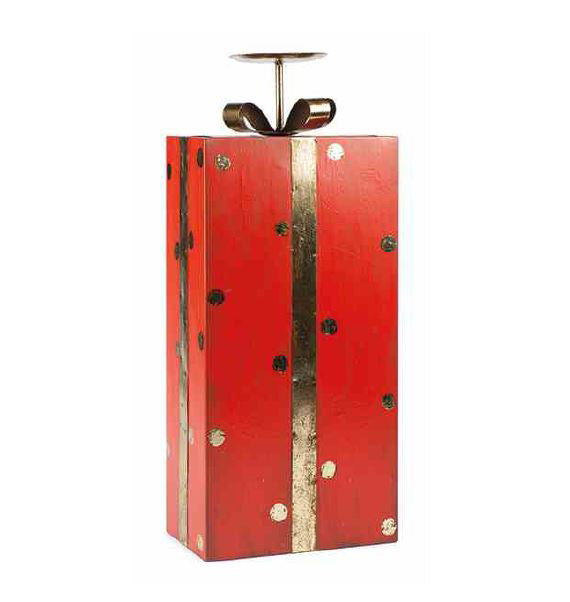 Portacandele a forma di pacco regalo rosso a pois oro H48 - 1212856