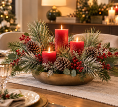 Rami artificiali di pino innevato con pigne H36 cm in una composizione centrotavola natalizia con candele rosse, bacche decorative e verde invernale su tavola elegante.