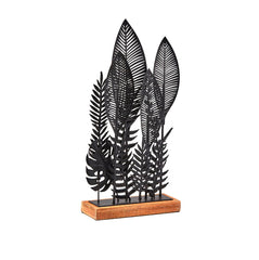 Decoro foglie metallo nero su base in legno - 601453