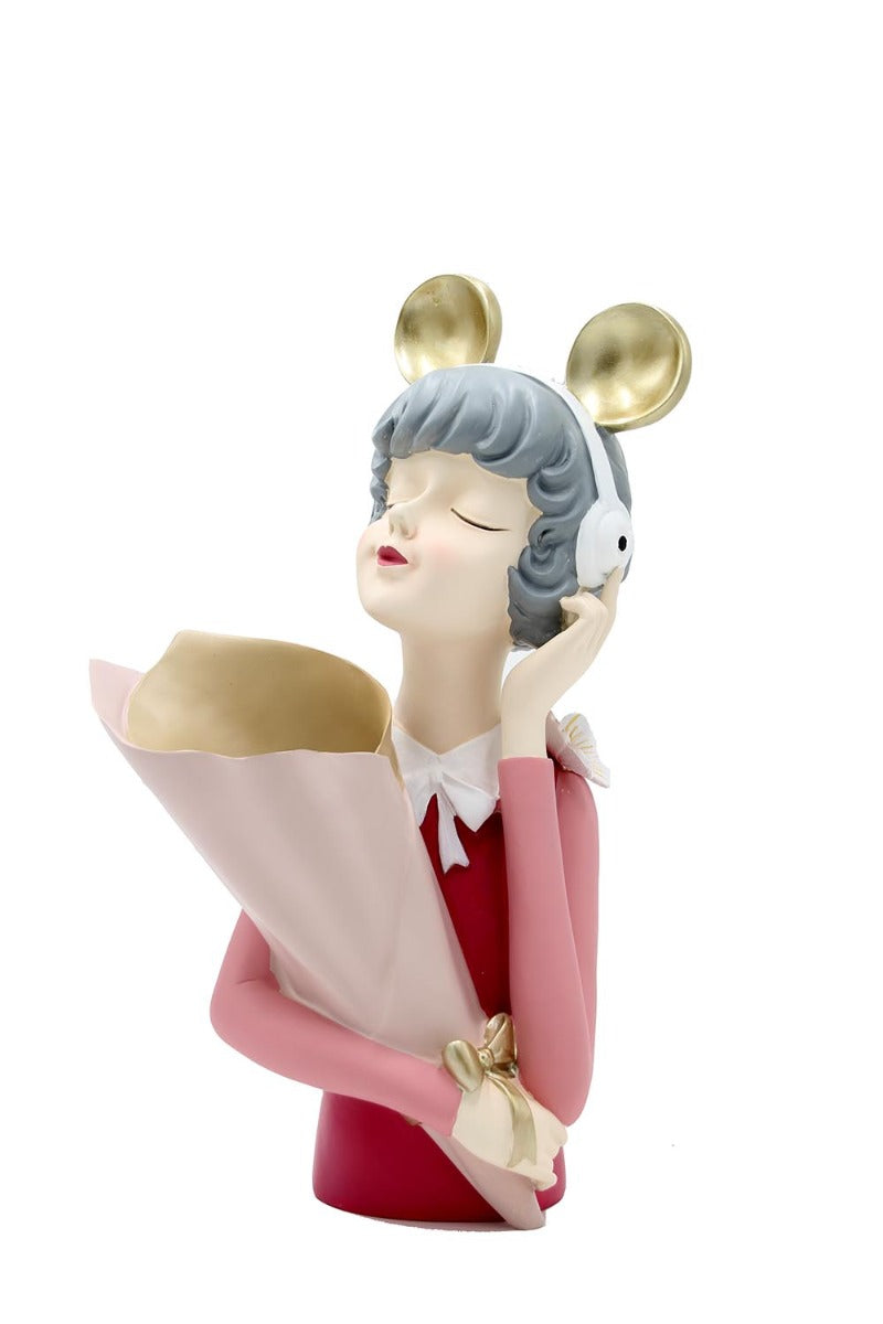 Scultura Mezzo Busto Donna Portafiori con Cuffie - YCY-Z019
