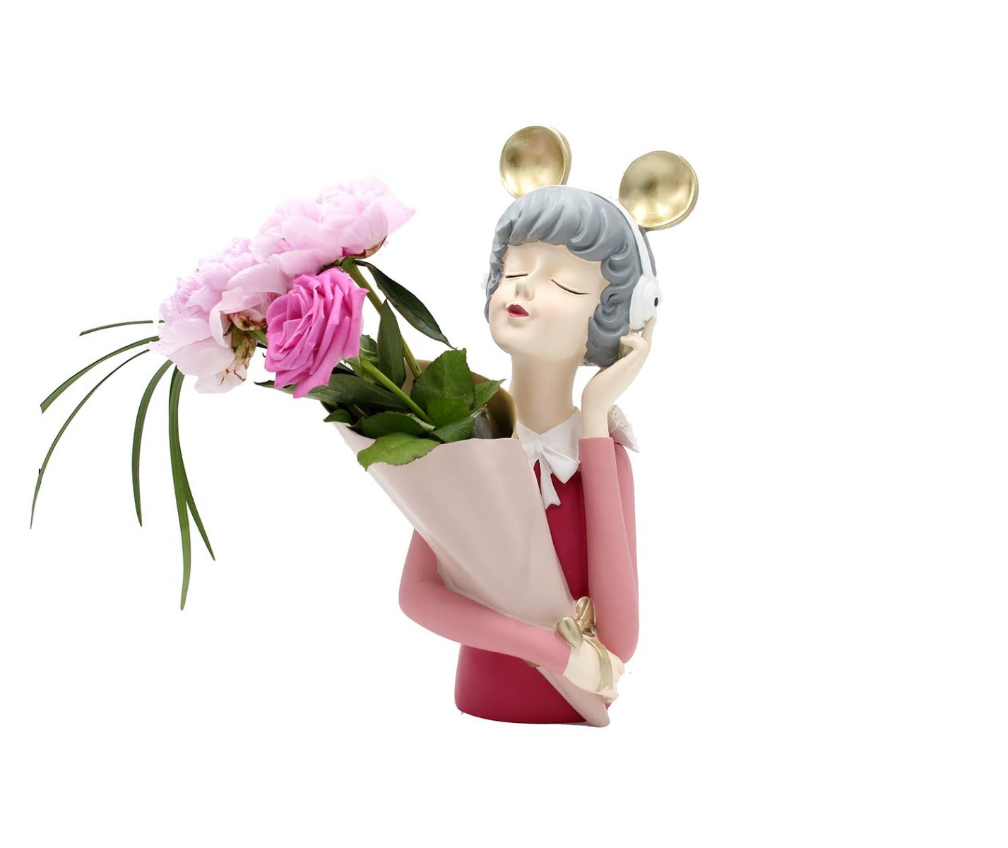 Scultura Mezzo Busto Donna Portafiori con Cuffie - YCY-Z019