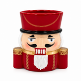 Vasetto portavaso Soldatino Schiaccianoci Rosso in ceramica H 15 cm, con cappello rosso, dettagli dorati e apertura Ø 9 cm su sfondo bianco.