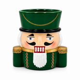 Vasetto portavaso Soldatino Schiaccianoci Verde in ceramica H 15 cm, con cappello verde, dettagli dorati e apertura Ø 9 cm su sfondo bianco.