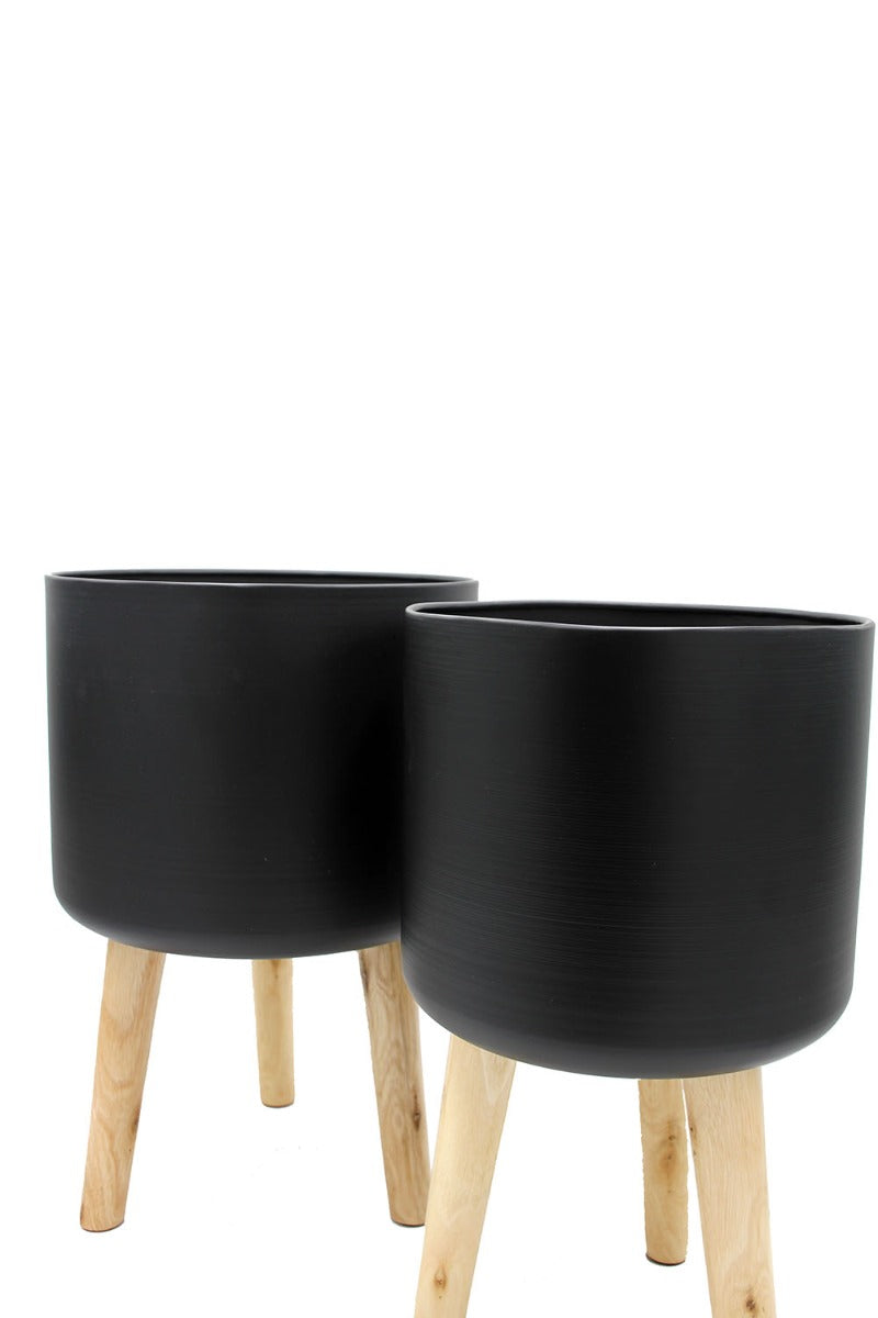 Vaso in metallo nero su piedi in legno - CONFIG0170