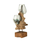 Vasi in vetro riciclato su tronco di legno naturale con piedistallo in ferro H54 - 10854