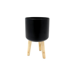 Vaso in metallo nero su piedi in legno h41 - 9420508-94-M