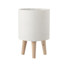 Bloempot Vaso in Cemento Bianco su piedini in legno H30 - 1175