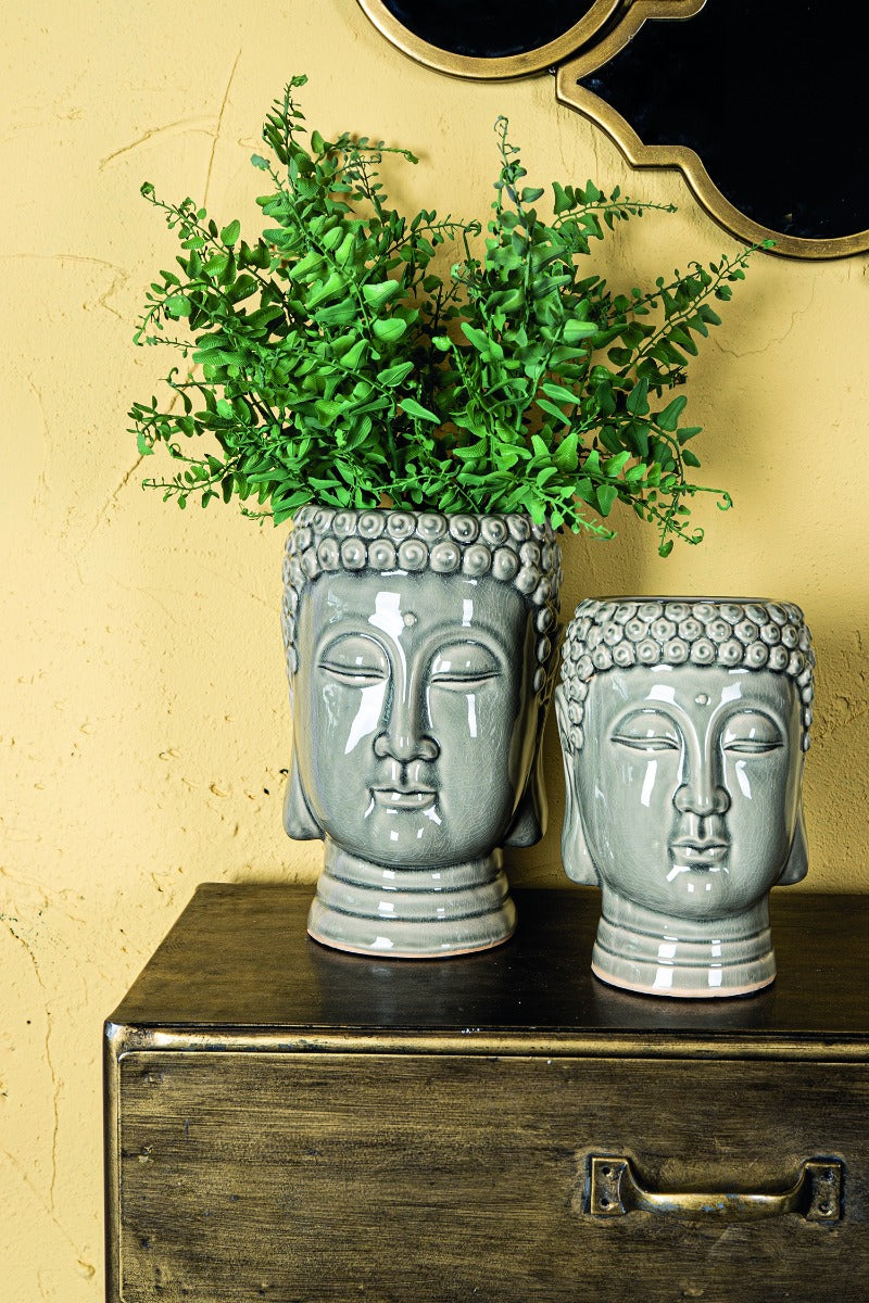 Vaso testa Buddha in ceramica grigia - CONFIG0337