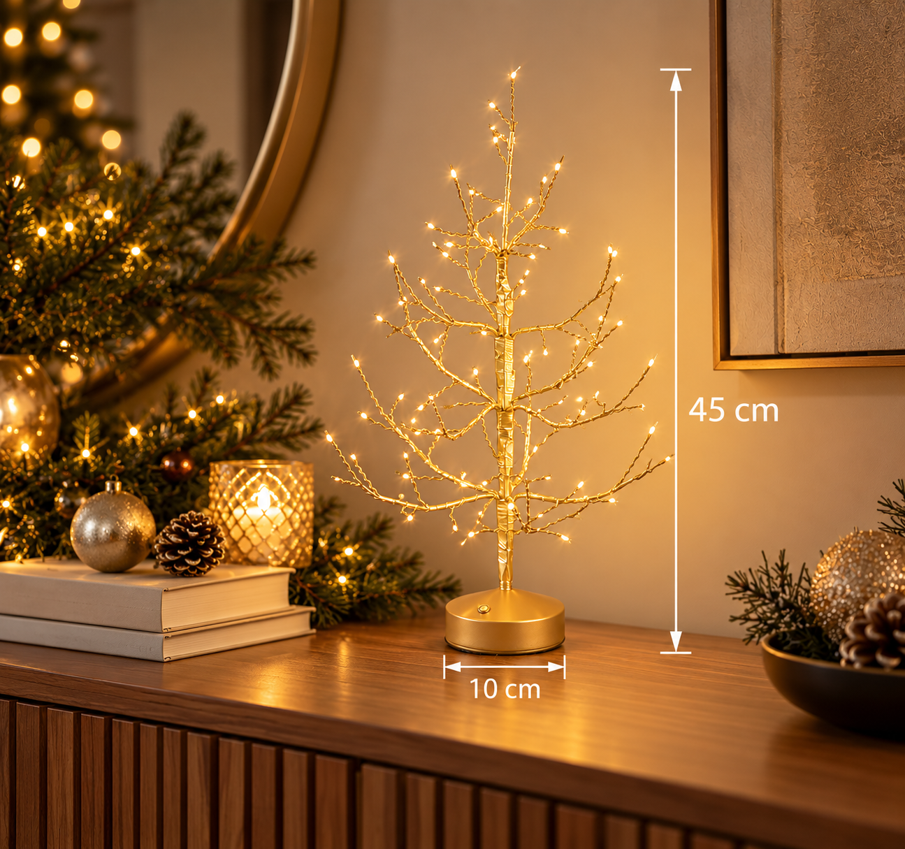 Albero LED Faggio Oro EDG Enzo De Gasperi H 45 × Ø 10 cm con 90 MiniLED dimmerabili ambientato con misure 