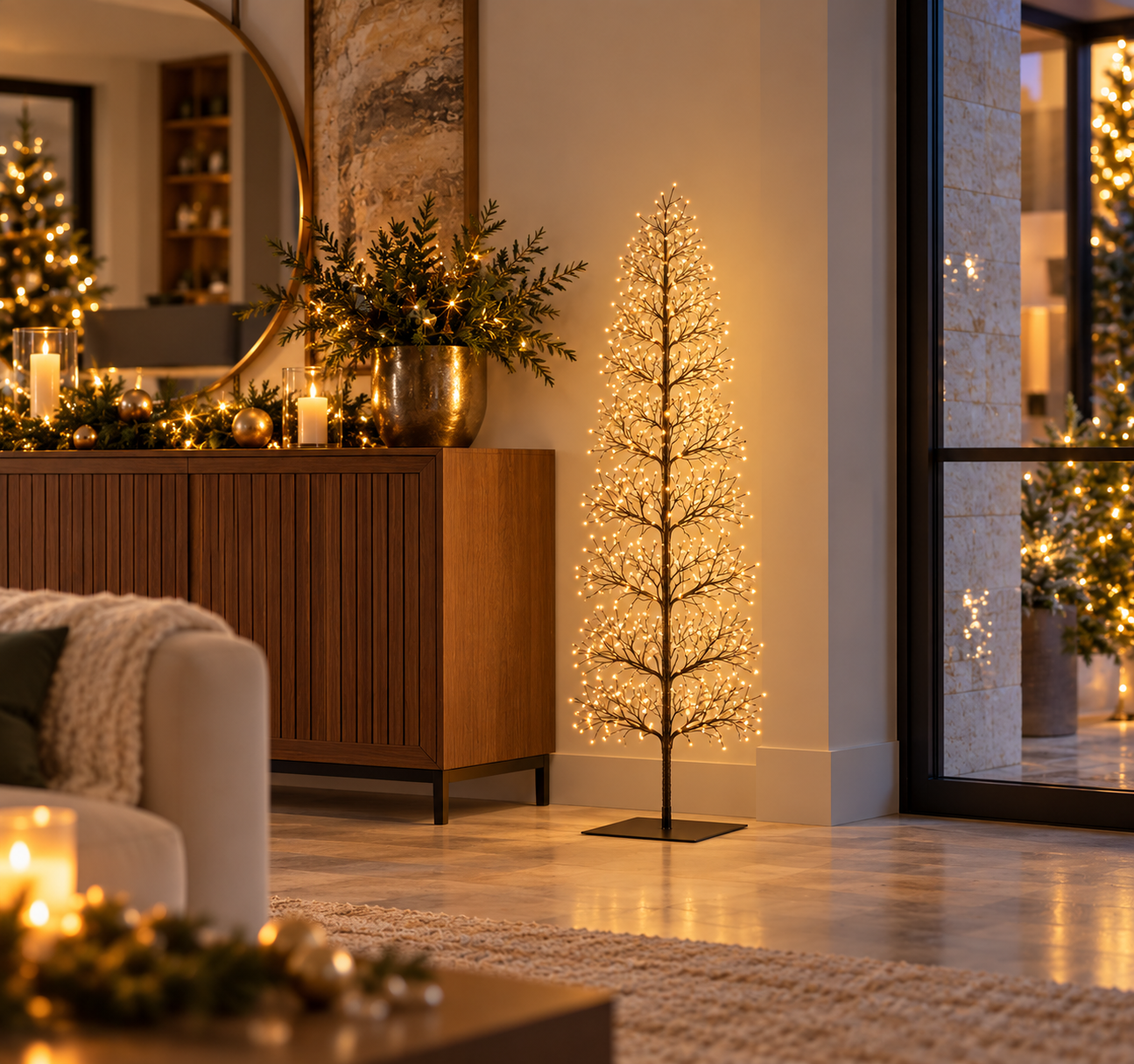 Albero LED Faggio Slim Nero EDG Enzo De Gasperi H 150 cm con MicroLED a luce calda ambientato