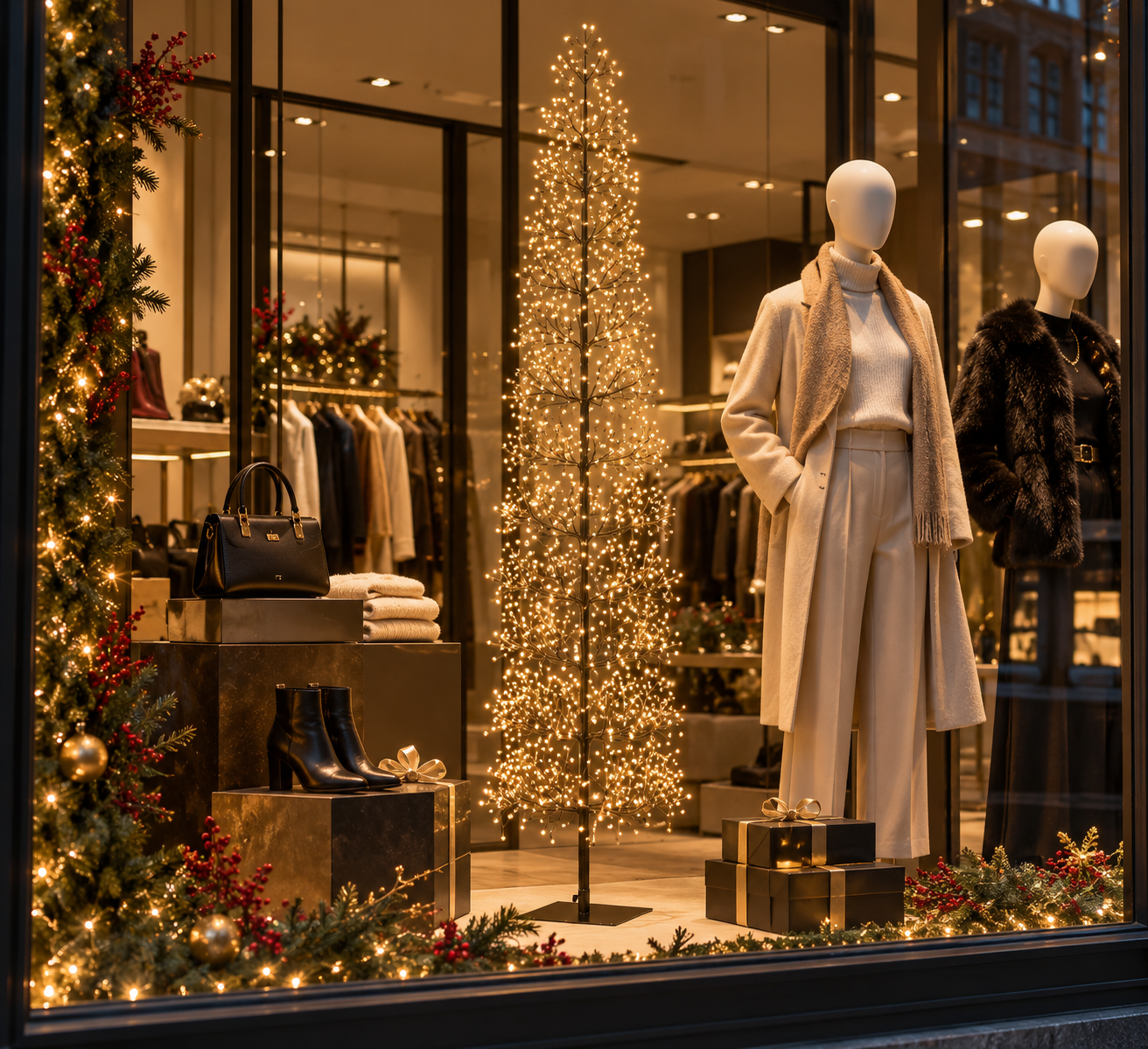 Albero LED Faggio Slim Nero EDG Enzo De Gasperi H 180 cm con MicroLED a luce calda ambientato in una vetrina natalizia di un negozio di abbigliamento