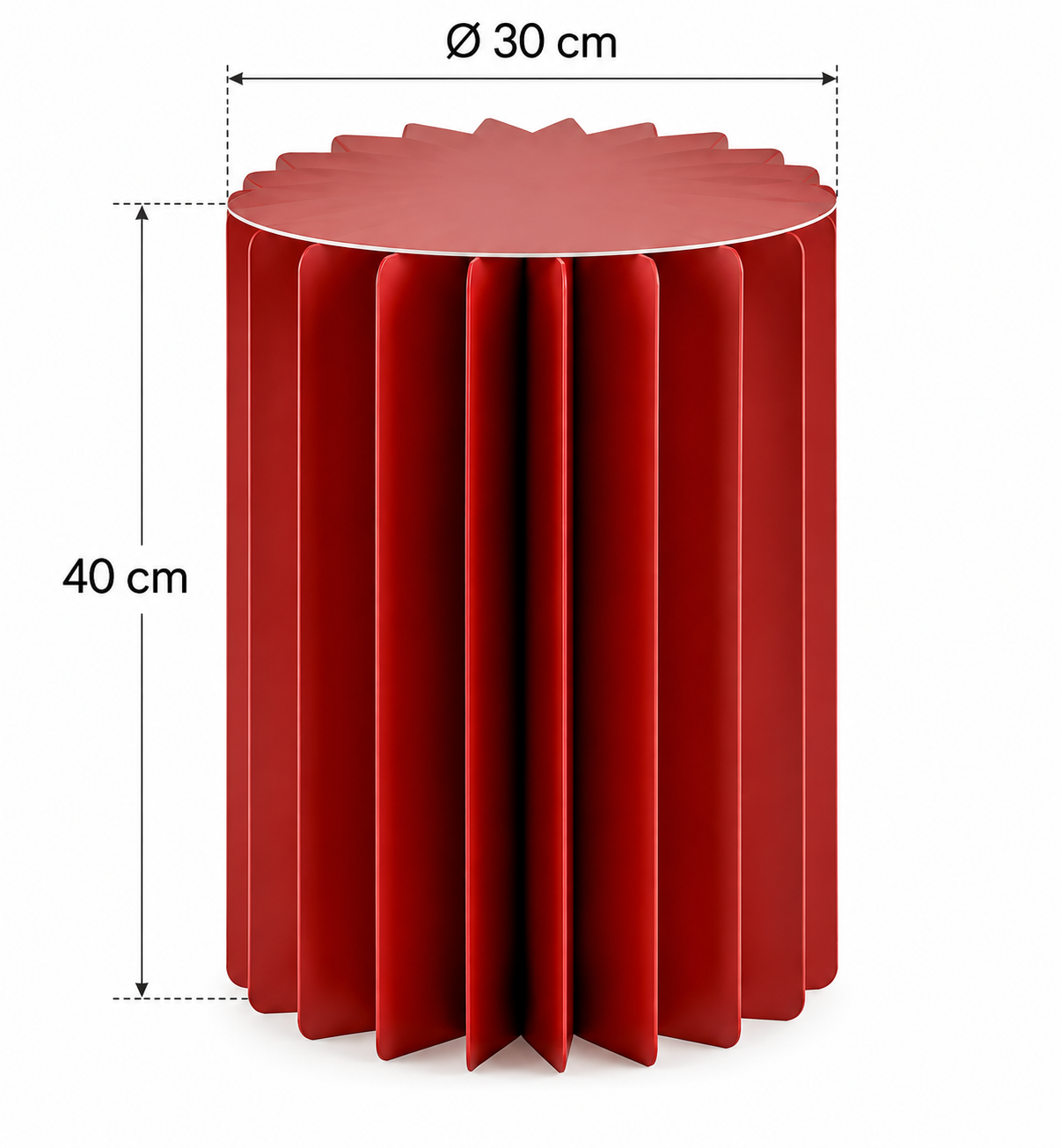 Alzata arredo Origami New rossa EDG Enzo De Gasperi, altezza 40 cm e diametro 30 cm, con ripiano superiore e struttura geometrica pieghettata, con misure indicate.