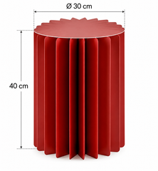Alzata arredo Origami New rossa EDG Enzo De Gasperi, altezza 40 cm e diametro 30 cm, con ripiano superiore e struttura geometrica pieghettata, con misure indicate.
