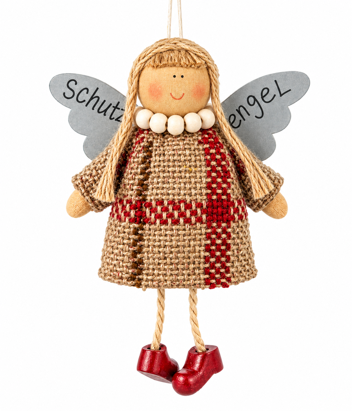 Angelo Guardiano da Appendere in Stoffa Scozzese Beige, Marrone e Rosso H16 cm
