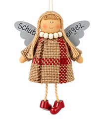 Angelo Guardiano da Appendere in Stoffa Scozzese Beige, Marrone e Rosso H16 cm