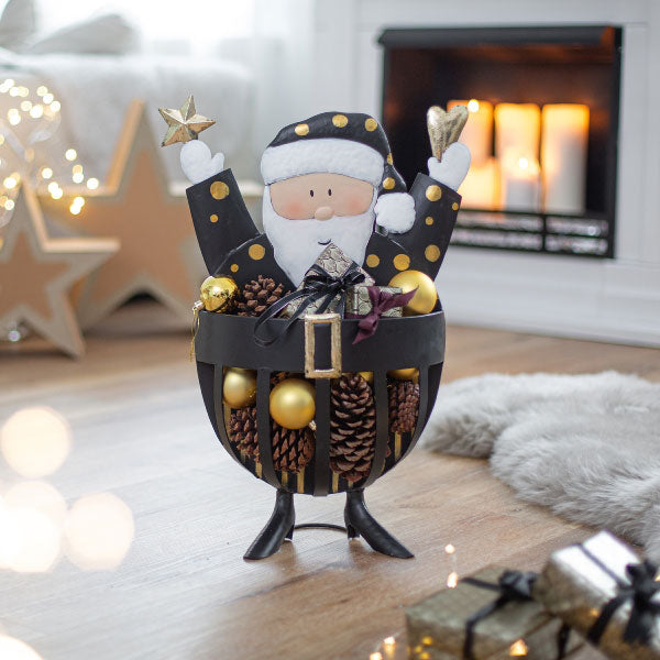 Baden Collection Babbo Natale in Metallo Nero e Oro con Cestino H50 Cm - 1248622