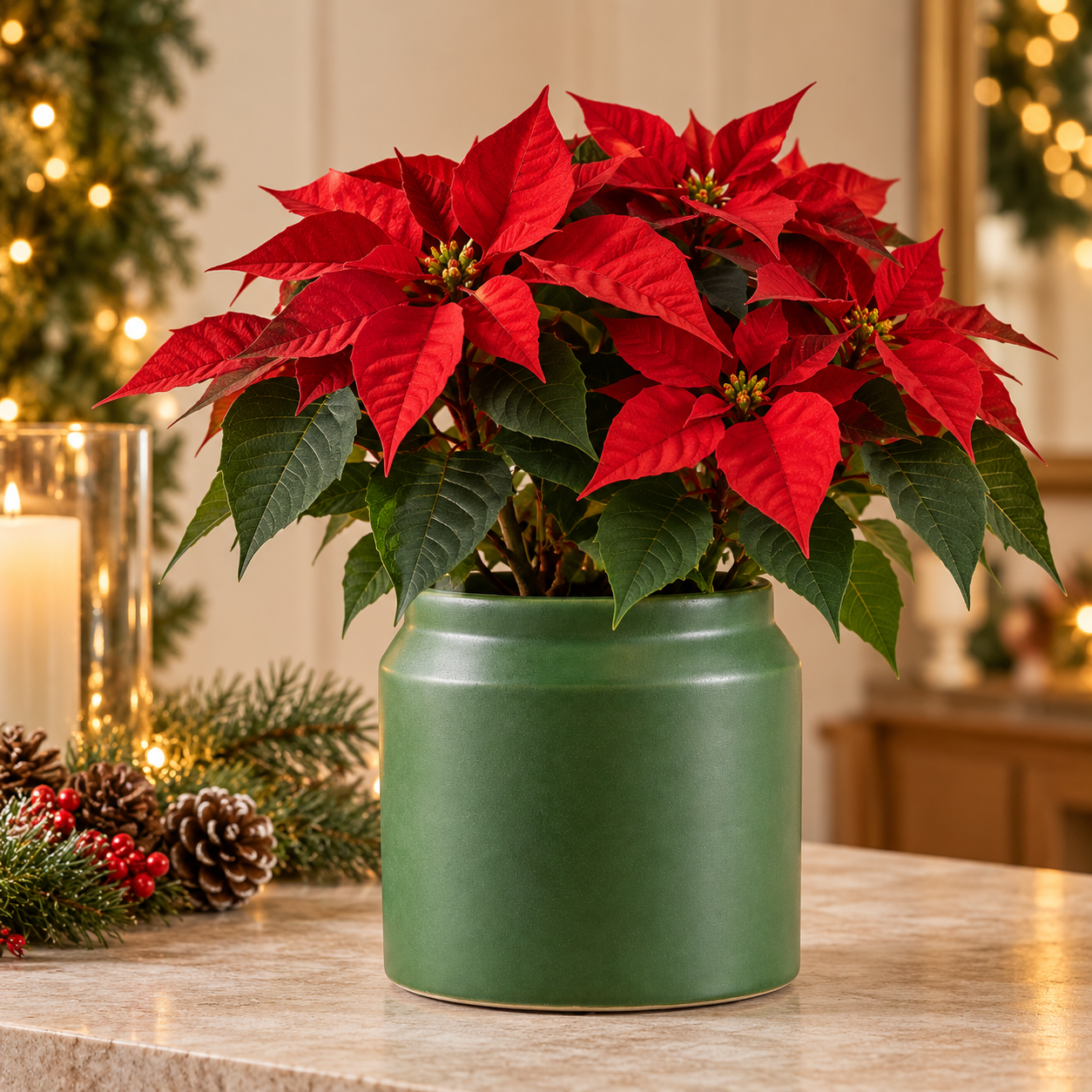 Cachepot EDG Enzo De Gasperi in ceramica verde ambientato con Poinsettia rossa in una elegante decorazione natalizia.