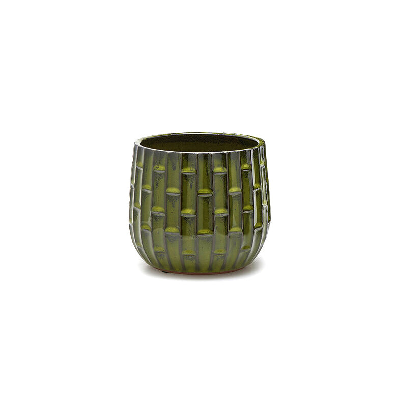 Vaso Cachepot Simil Bamboo in Terracotta Verde H16 D19 EDG Enzo De Gasperi