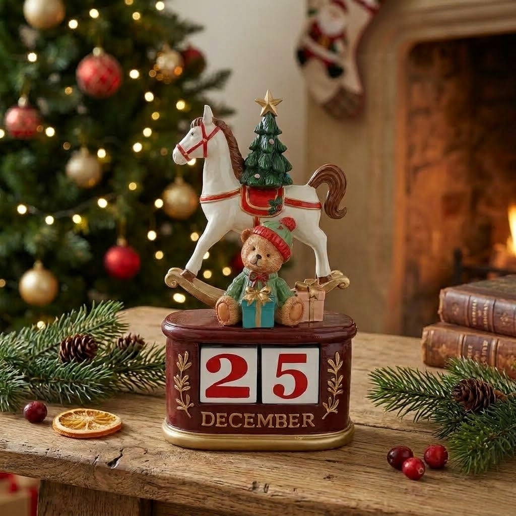 Calendario natalizio con cavallo a dondolo e orsacchiotto ambientato tra decorazioni di Natale