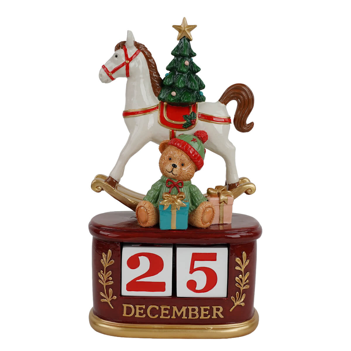 Calendario natalizio con cavallo a dondolo e orsacchiotto in resina H 23,5 cm