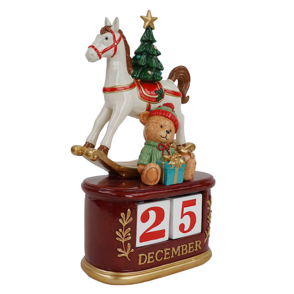 Vista laterale calendario natalizio con cavallo a dondolo, albero e orsacchiotto in resina