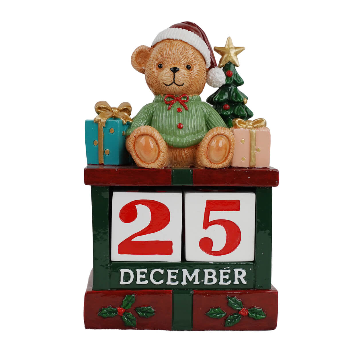 Calendario natalizio con orsacchiotto in resina e blocchi numerici mobili H 16,5 cm