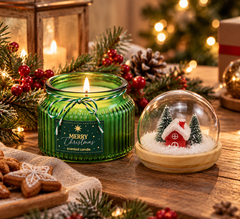 Candela Cupola Natalizia Verde EDG profumata Biscotti al Cardamomo ambientata con abete, bacche rosse e decorazioni di Natale