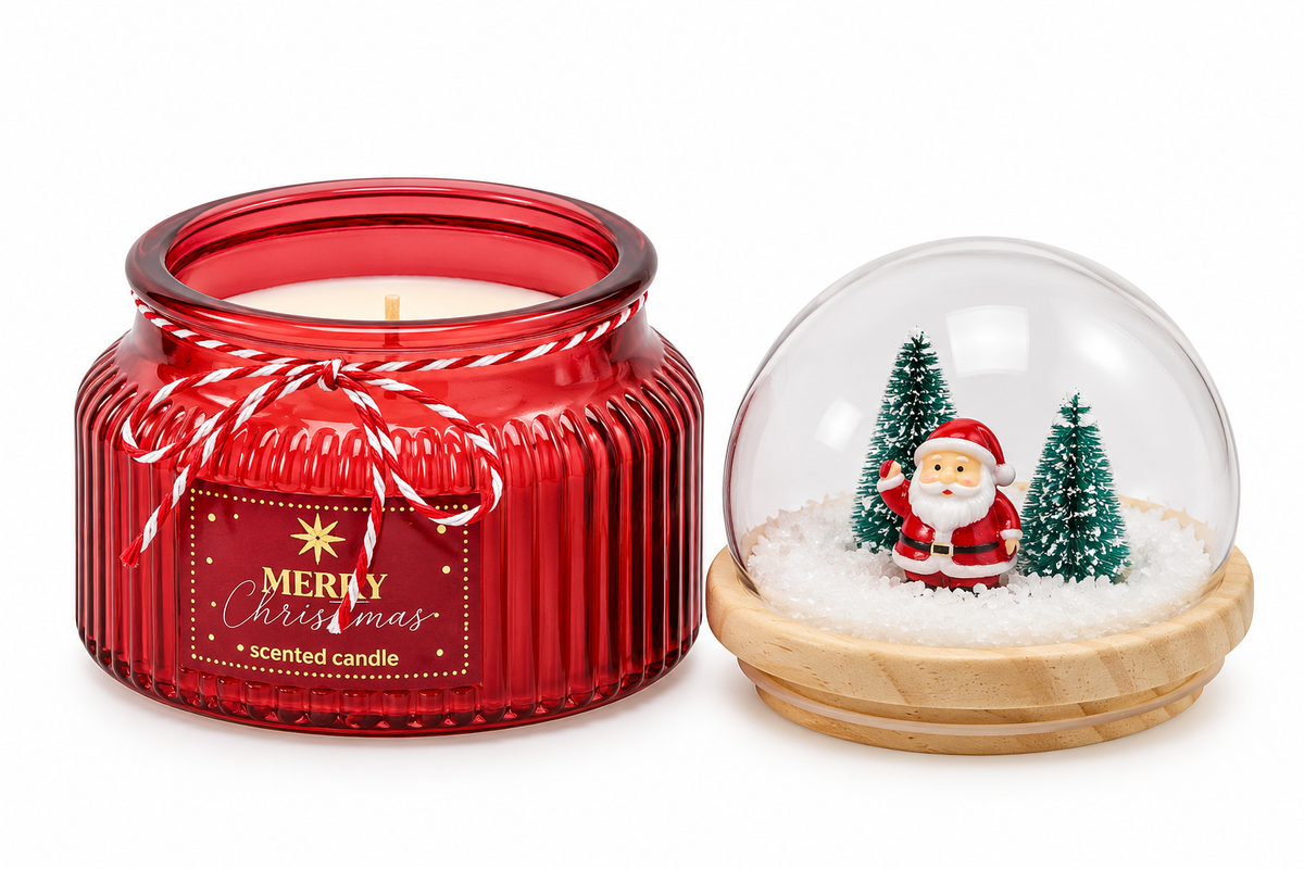 Candela Cupola Natalizia Rossa Honey & Apple H12 EDG Enzo De Gasperi con Babbo Natale, abeti e neve