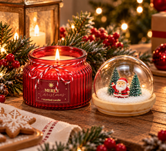 Candela Cupola Natalizia Rossa Honey & Apple EDG ambientata con abete, bacche rosse e decorazioni di Natale