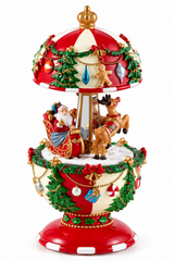 Carillon Natalizio Babbo Natale con Slitta e Renna EDG Enzo De Gasperi H 17 × Ø 8,5 cm, decorazione musicale rossa e bianca con alberi di Natale, ghirlande e dettagli dorati.