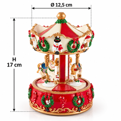 Carillon natalizio EDG a forma di giostra con cavalli bianco e rosso, altezza 17 cm e diametro 12,5 cm, con decorazioni natalizie dorate.