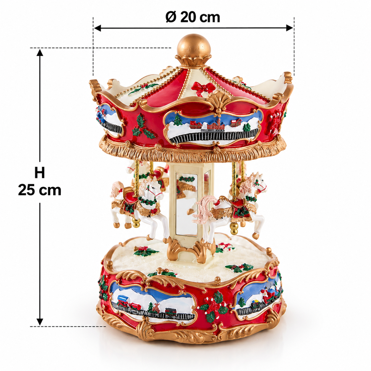 Carillon natalizio EDG a forma di giostra con cavalli, altezza 25 cm e diametro 20 cm, con decorazioni rosse, bianche e dorate.