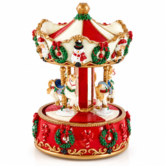 Carillon natalizio giostra con cavalli EDG Enzo De Gasperi H17 cm, decorazione bianca e rossa con cavallini, ghirlande verdi, fiocchi e dettagli dorati.
