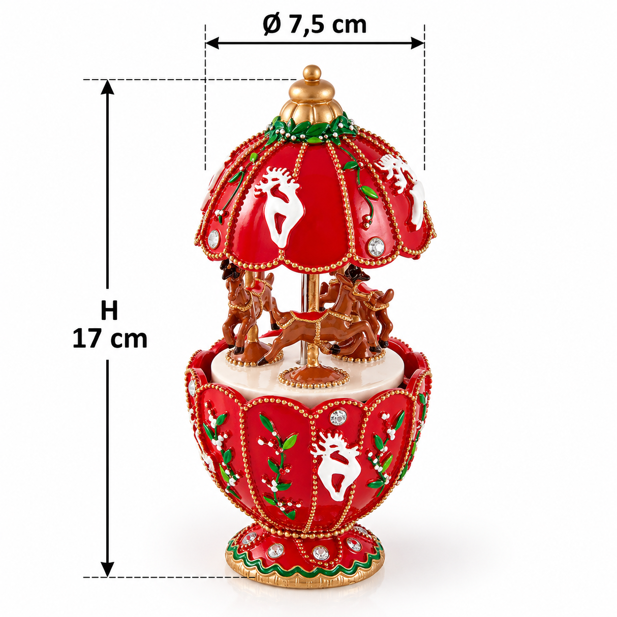 Carillon natalizio Giostra con Renne EDG Enzo De Gasperi H17 cm, decorazione musicale rossa con renne bianche, dettagli verdi e finiture dorate.