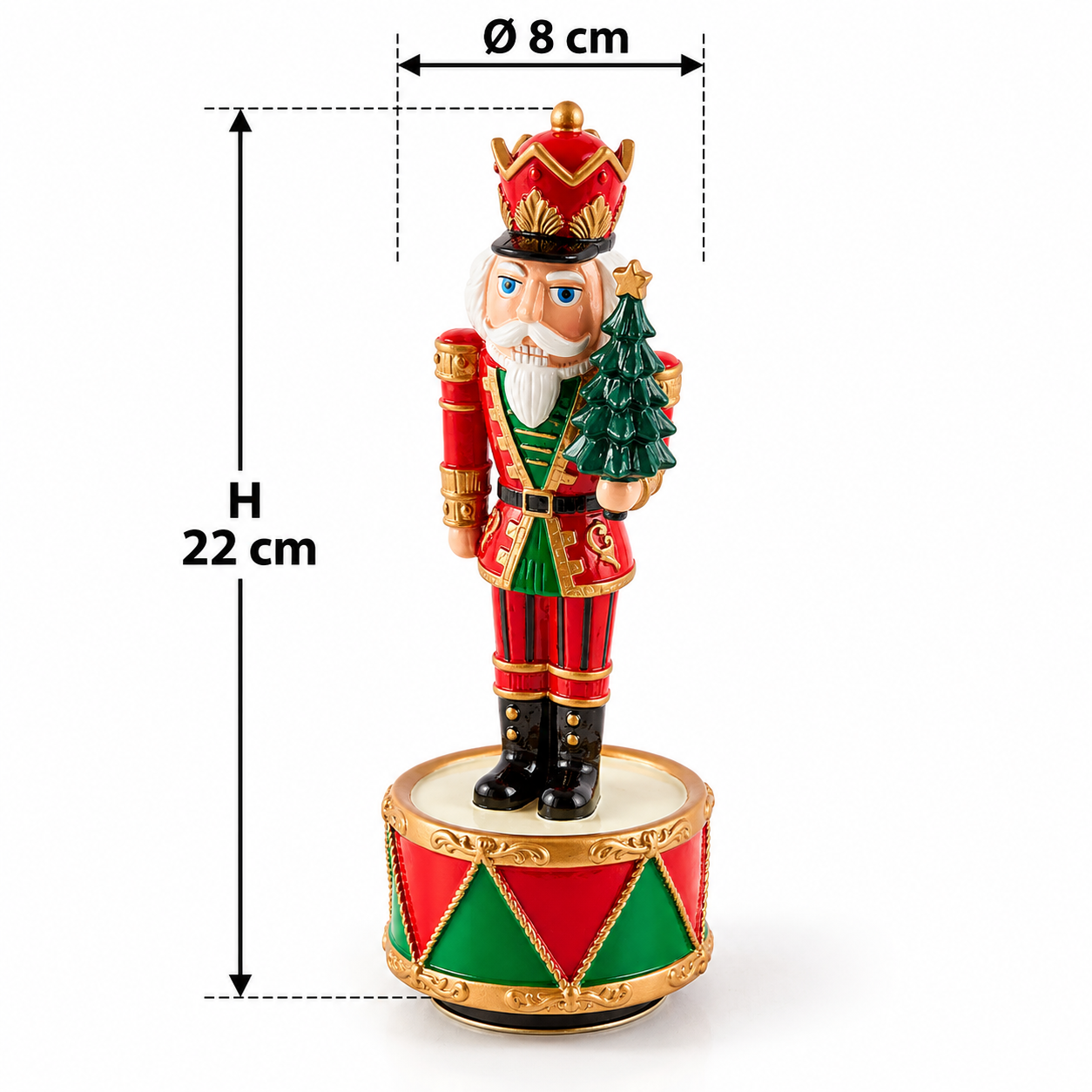 Carillon natalizio Soldatino Schiaccianoci con Albero EDG, altezza 22 cm e diametro 8 cm, con corona dorata e base cilindrica decorata.