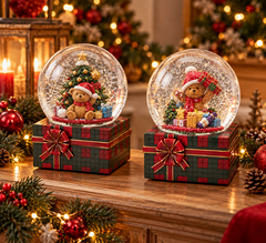 Carillon natalizio EDG con sfera d'acqua, orsacchiotto e pacchi regalo, ambientato su una consolle decorata per Natale con luci calde e addobbi natalizi.