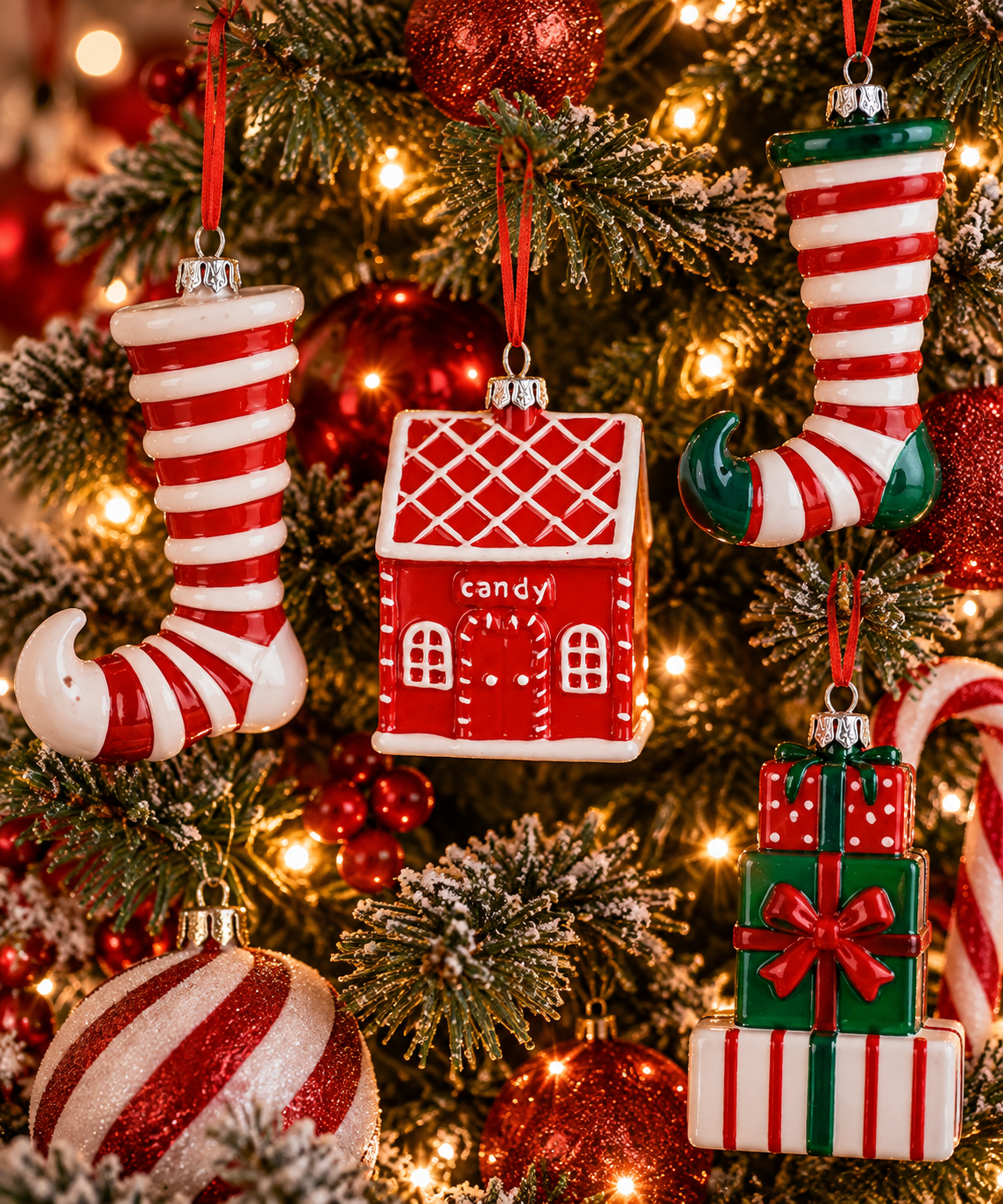 Casetta Candy rossa e bianca appesa all’albero di Natale con decorazioni Candy Christmas