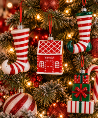 Casetta Candy rossa e bianca appesa all’albero di Natale con decorazioni Candy Christmas